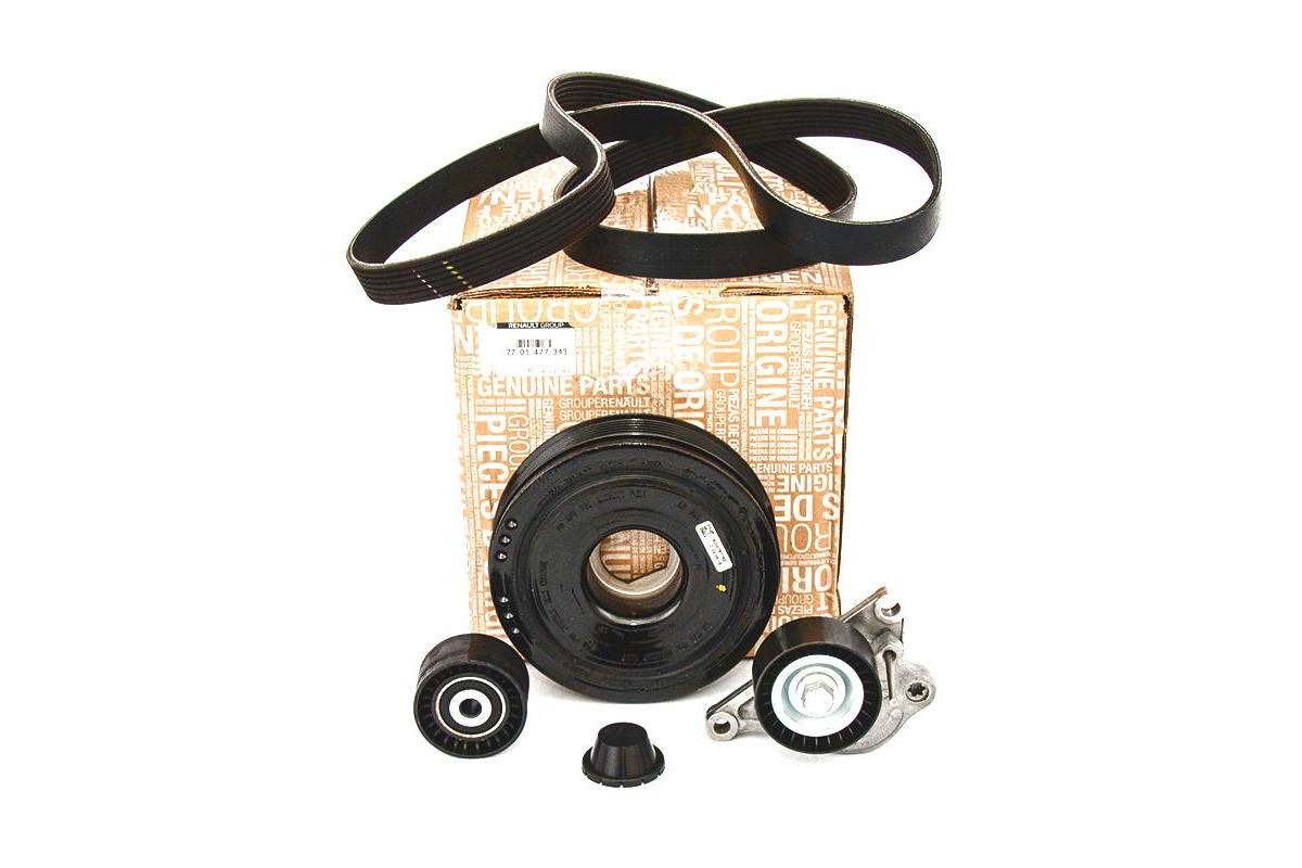 Комплект натяжитель+ролик+шкив+ремень на Renault Megane II 2001-2009 2.0dCi - Renault (Оригинал) - 7701477343